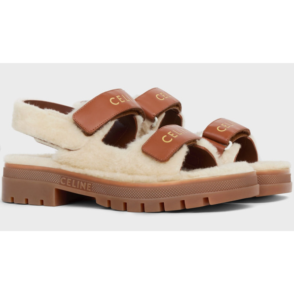 Celine Leo Scratch Sandal Shearling Fur Tan Leather Logo Strap Platform Flat 37 - Picture 3 of 12